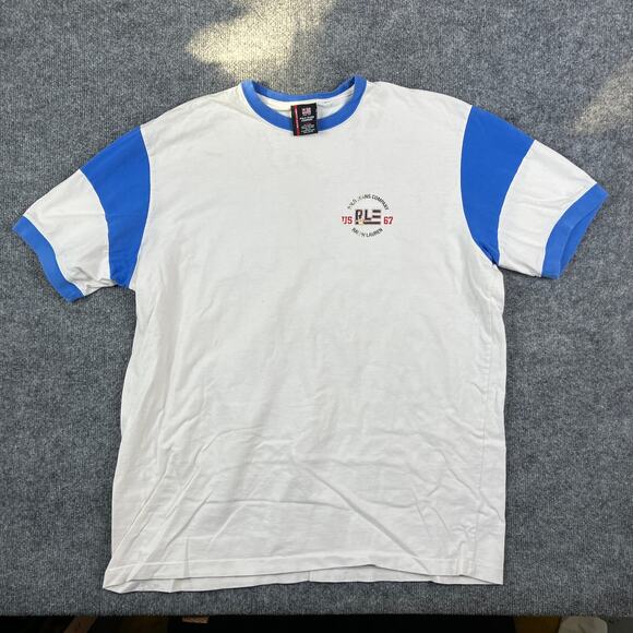Polo Ralph Lauren T-Shirt Mens Large White Blue Ringer Polo Jeans Graphic Tee - Picture 1 of 8